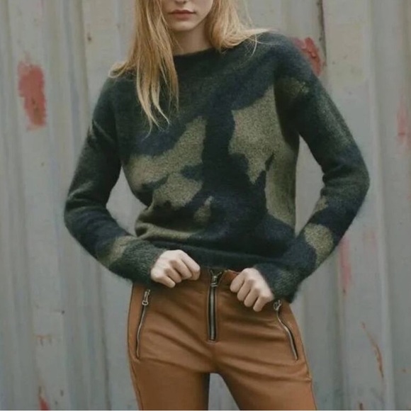 Rag & Bone Sinclair Mohair Blend Crew Neck Sweater, Army Green Camo Print, Small - Picture 1 of 15